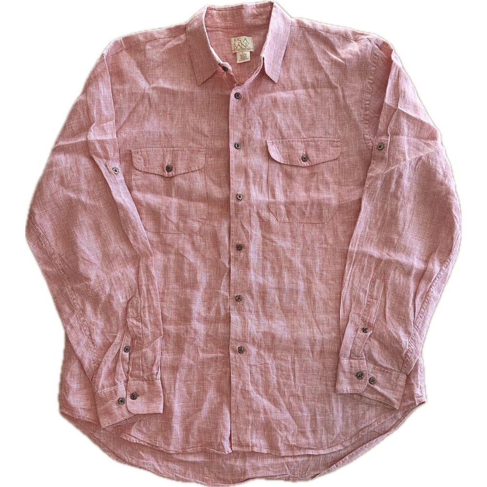Jos. A. Bank Button Up Shirt Mens Large 100% Linen Red Houndstooth Check